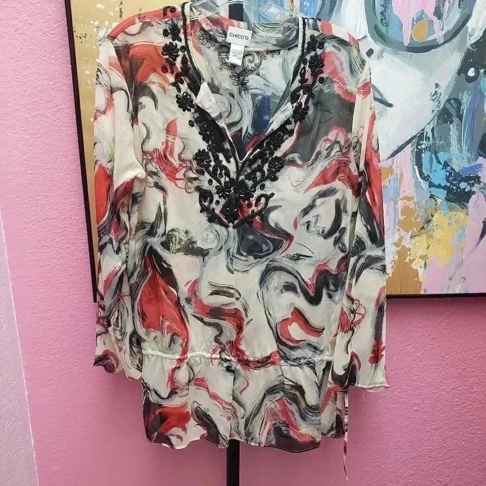 Chico's Beaded Blouse with Drawstring Waist Size 1
